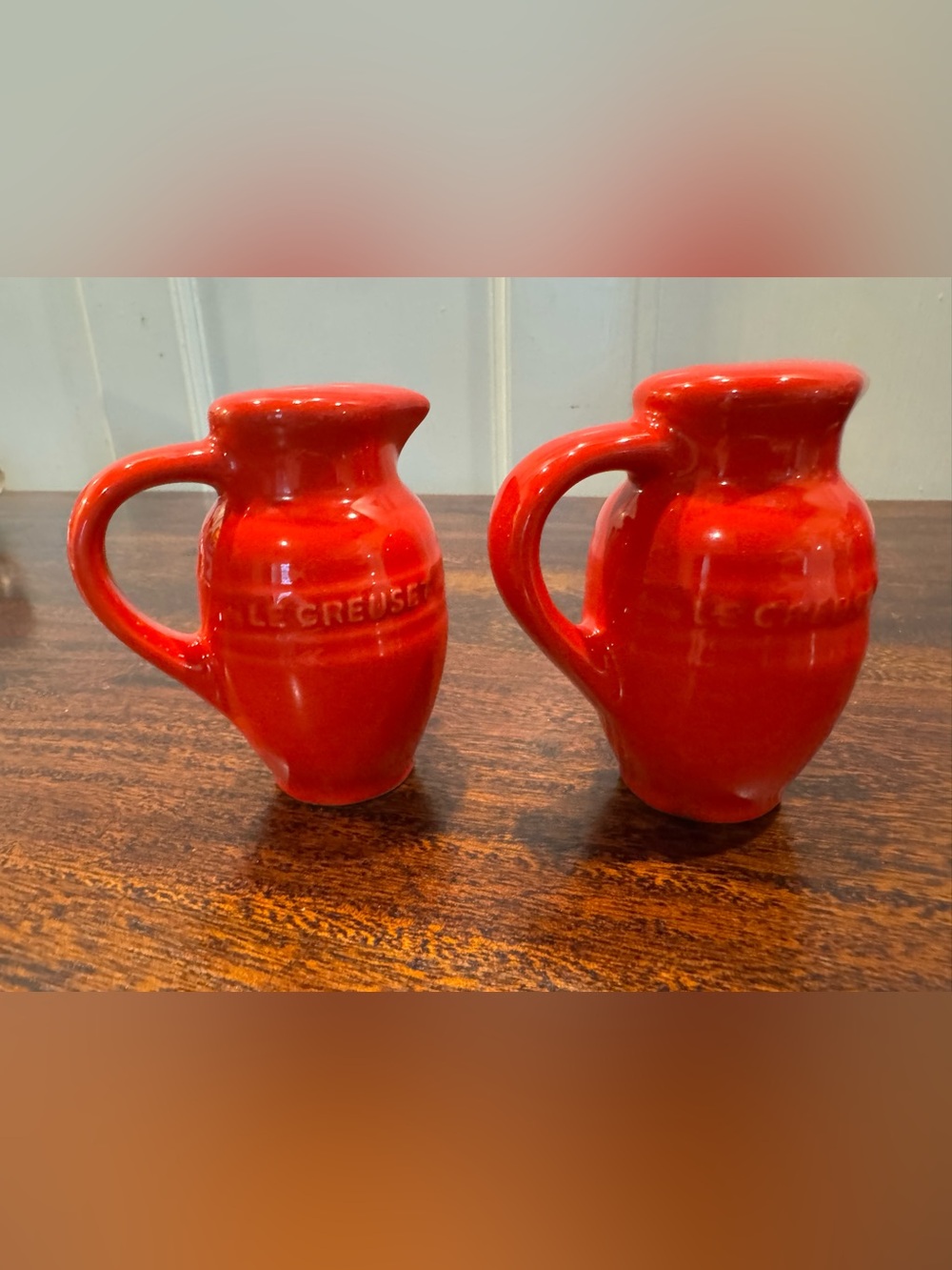 Le Creuset Red Ceramic Mini Pitcher Salt and Pepper Shaker Pair